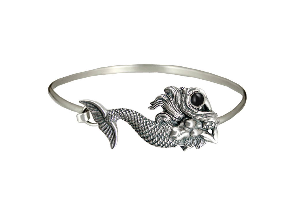 Sterling Silver Mermaid Strap Latch Spring Hook Bangle Bracelet With Black Onyx